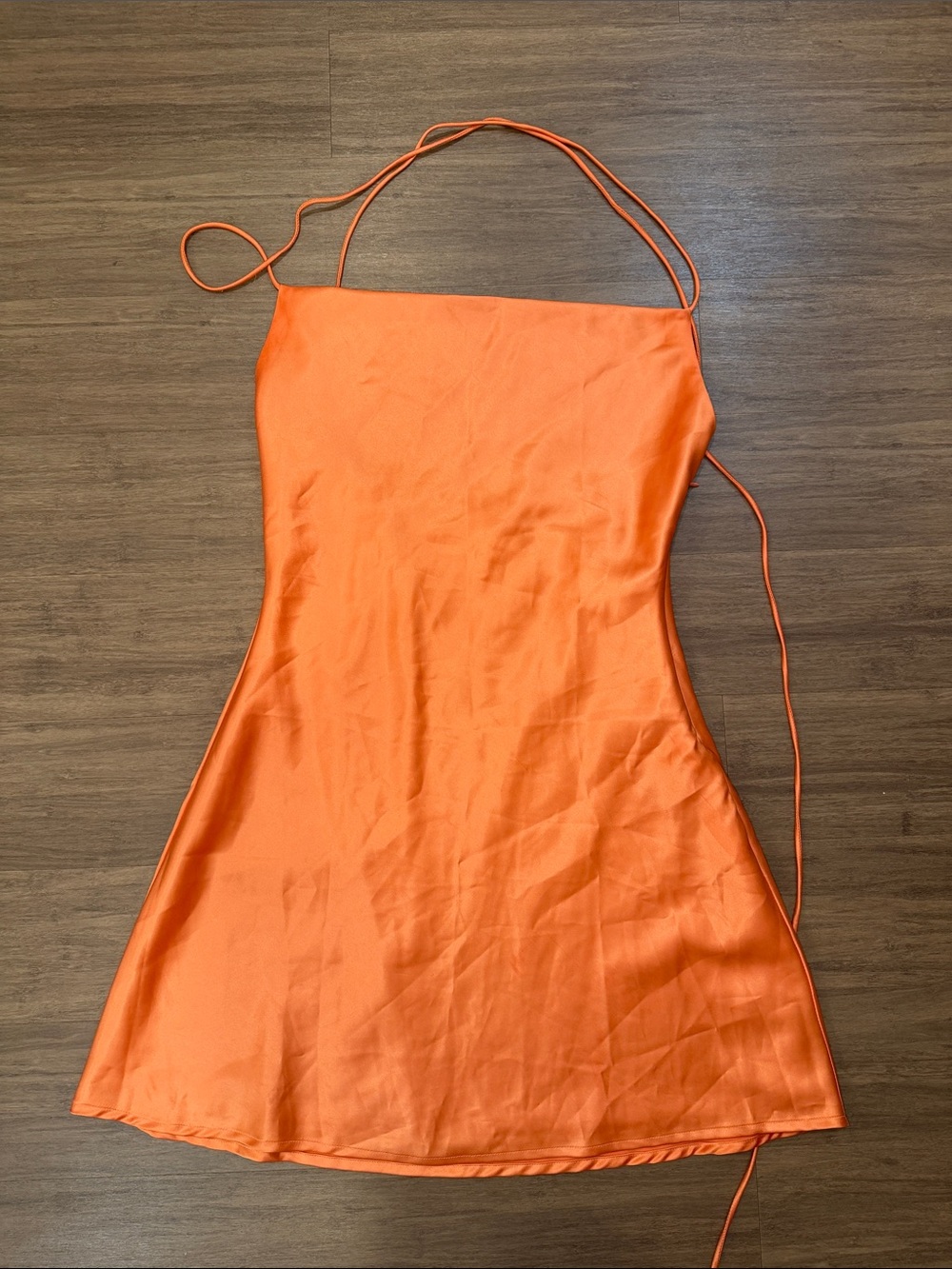 Orange Satin Cowl Neck Mini Dress Open Back with Ties